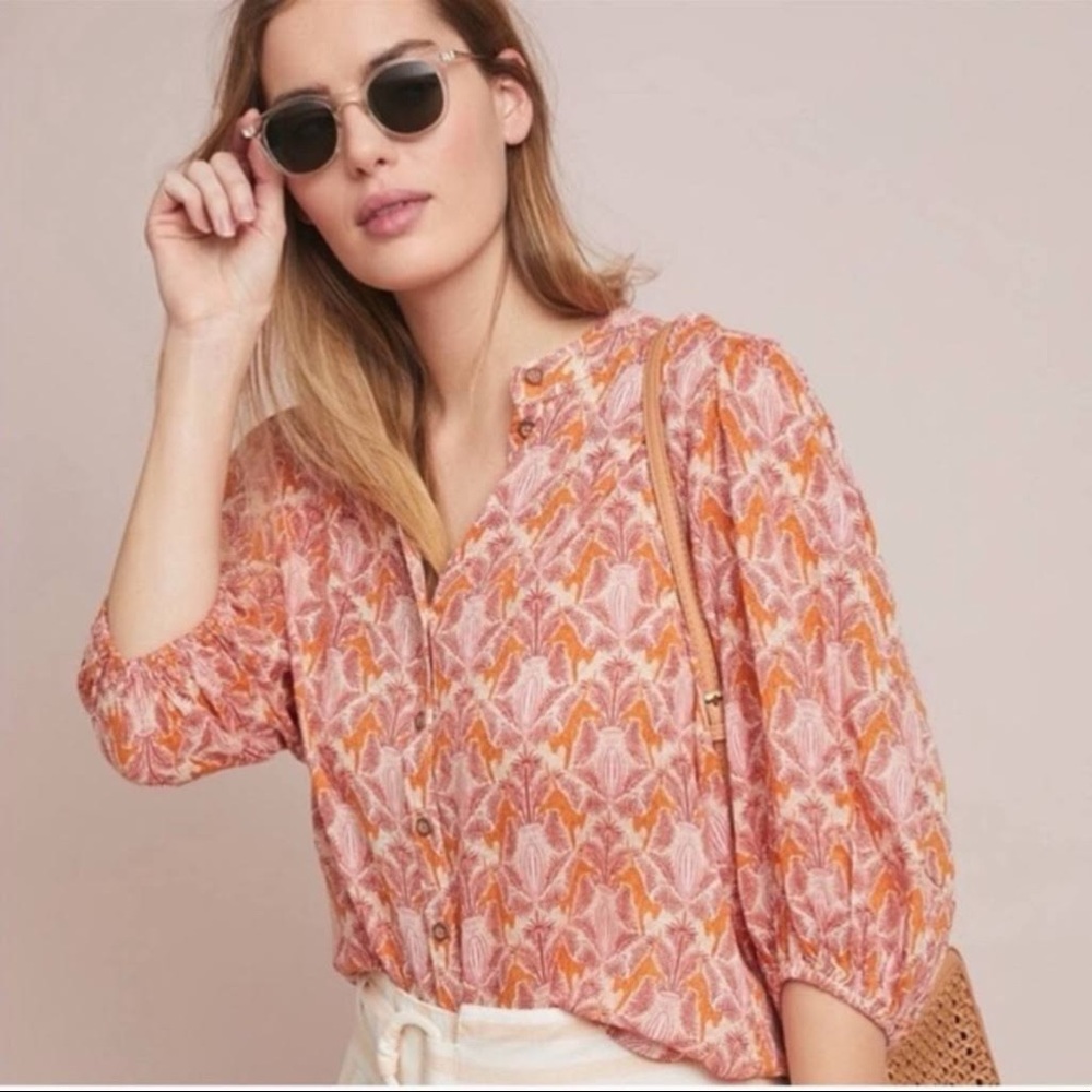 Maeve by Anthropologie tiger print puff sleeve button front top
